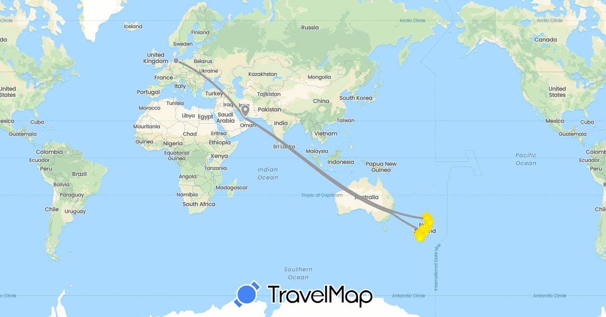 TravelMap itinerary: driving, plane, hiking, boat in United Arab Emirates, Australia, Germany, New Zealand (Asia, Europe, Oceania)